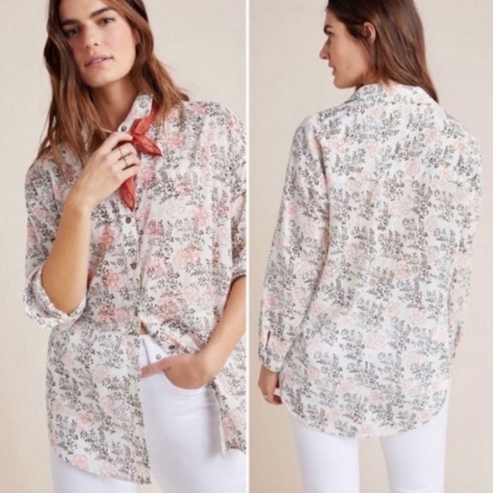Anthropologie Enchanted Garden Button Up Floral Top Tunic‎ Oversized Size XS